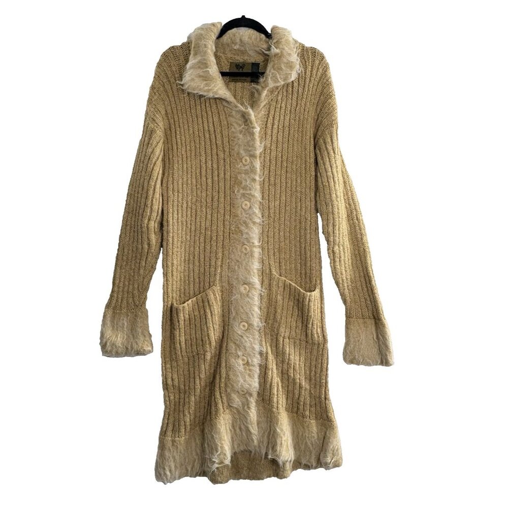 Vtg PERUVIAN TRADING Women Midi Fuzzy Pockets Button Front Sweater Sz M Tan 81-8